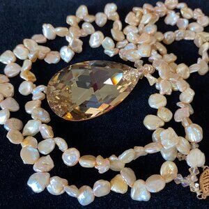 2 Strand Champagne Keshi Pearls w 2" Crystal Pendant and 14K Vintage Clasp